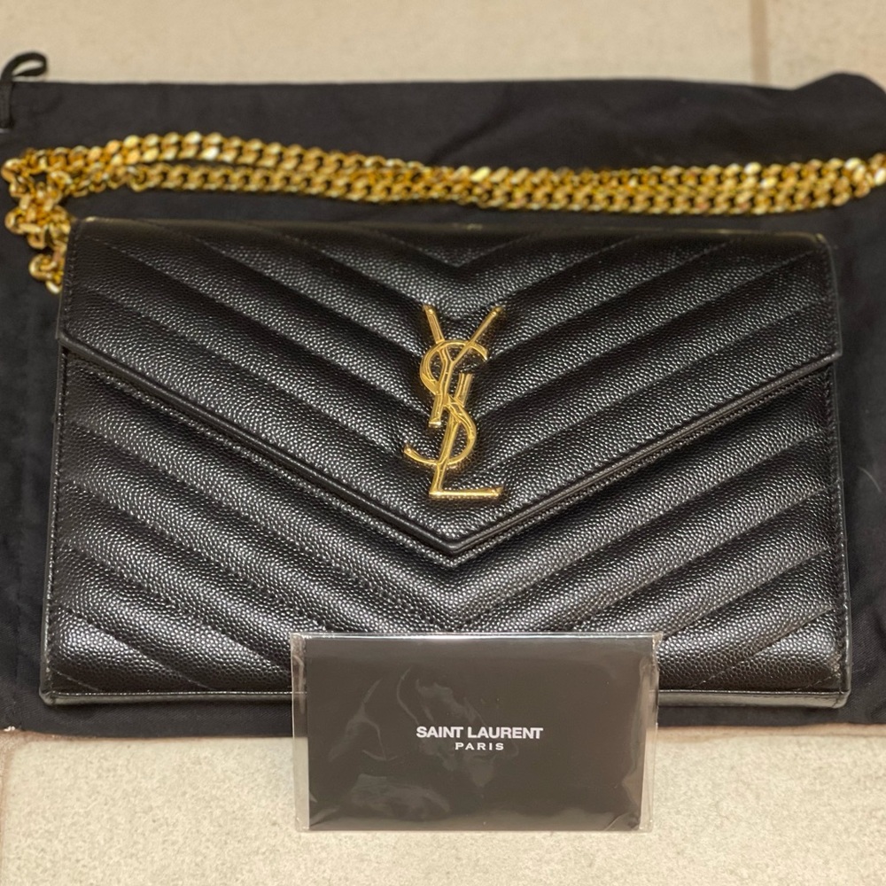 Wallet on Chain Mono Chevron Gold Hardware Black Leather Crossbody